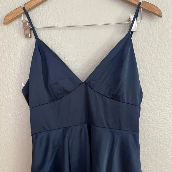 NWOT Going with Elegance Navy Blue Satin Tiered Maxi Dress - Picture 3 of 8